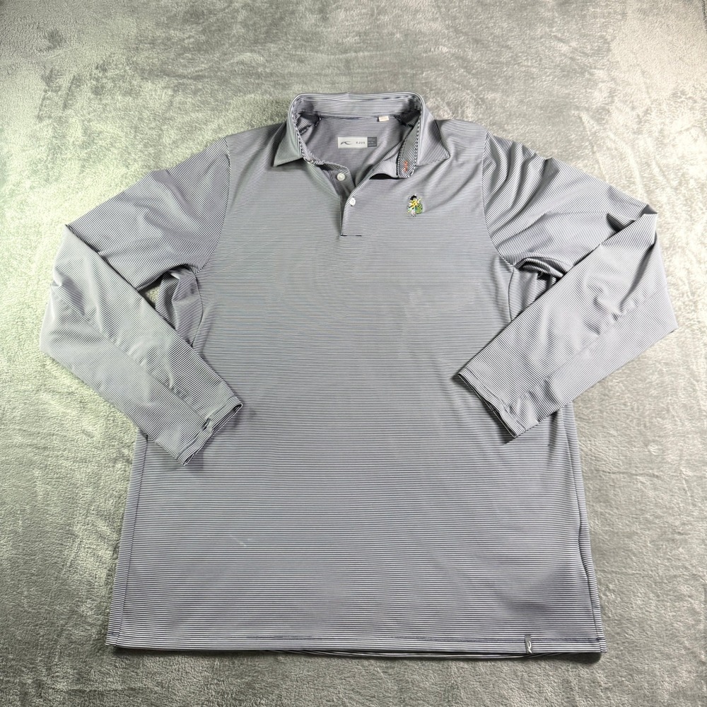 KJUS Mens XL Soren Stripe Polo BagPipper Logo Navy White Golf Shirt UPF 50+